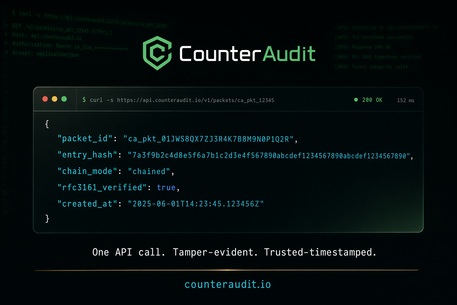 CounterAudit developer API post template showing evidence API output.